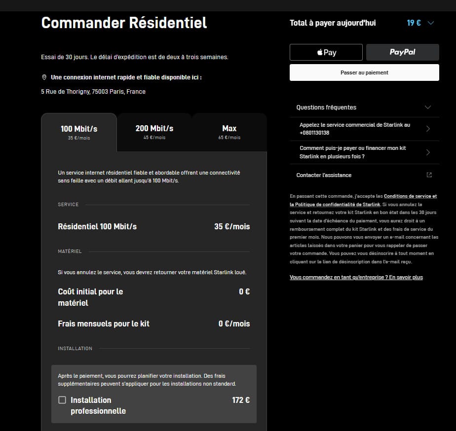 abonnement résidentiel starlink