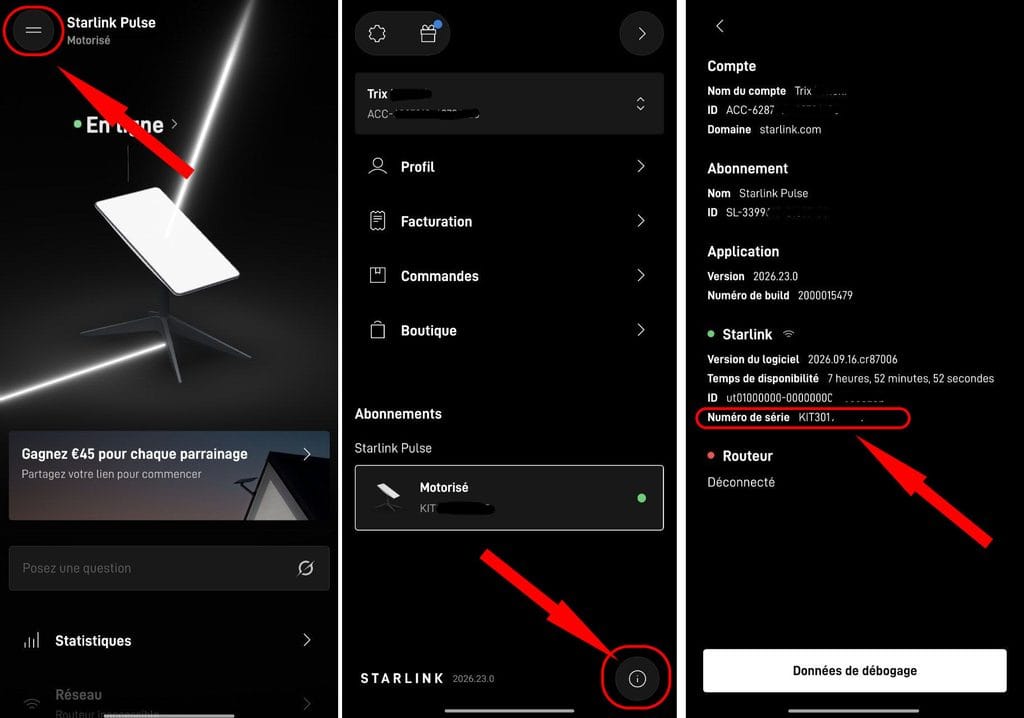 retrouver son numéro de kit sur application starlink