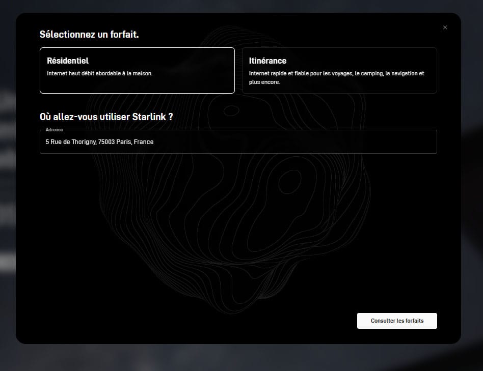 sélection forfait starlink et adresse 