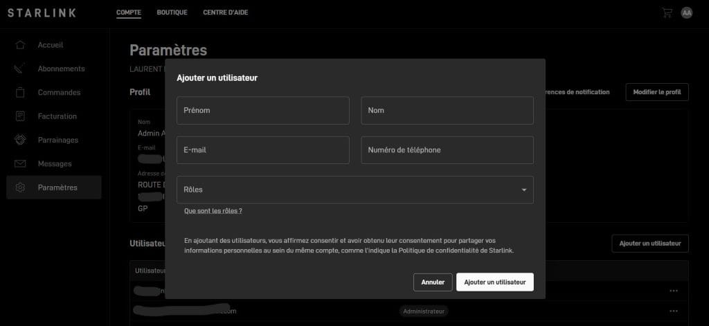 Contrôle d'accès et ajout de compte starlink