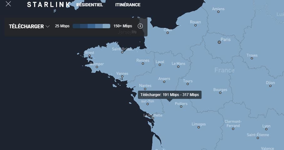 carte vitesse de telechargement starlink france