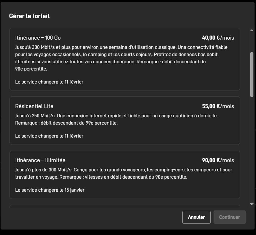 changer de forfait itinérance starlink 100 go ou illimitée
