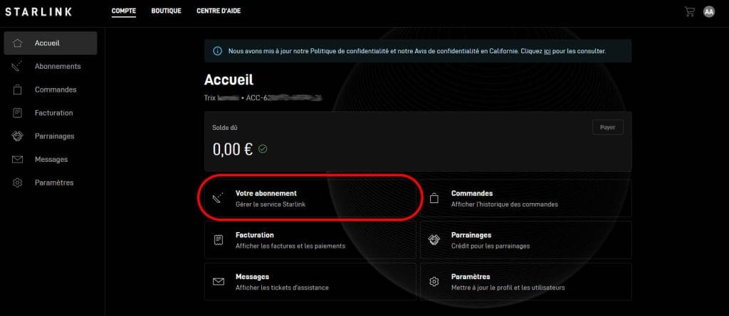 abonnement starlink compte web