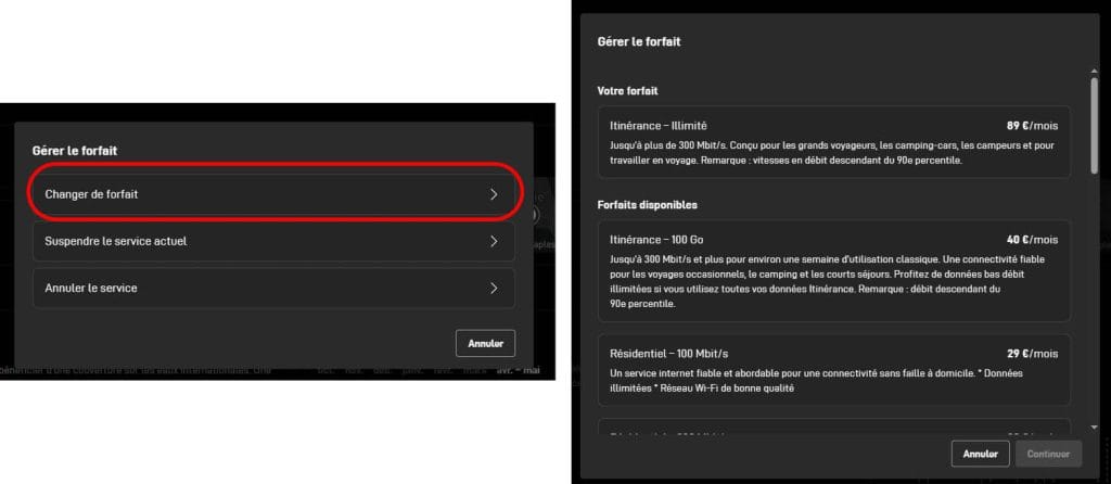 changement de forfait starlink pc