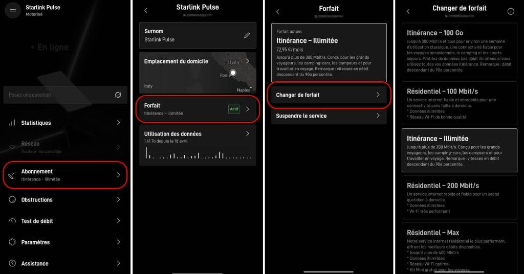 changer de forfait Starlink sur app