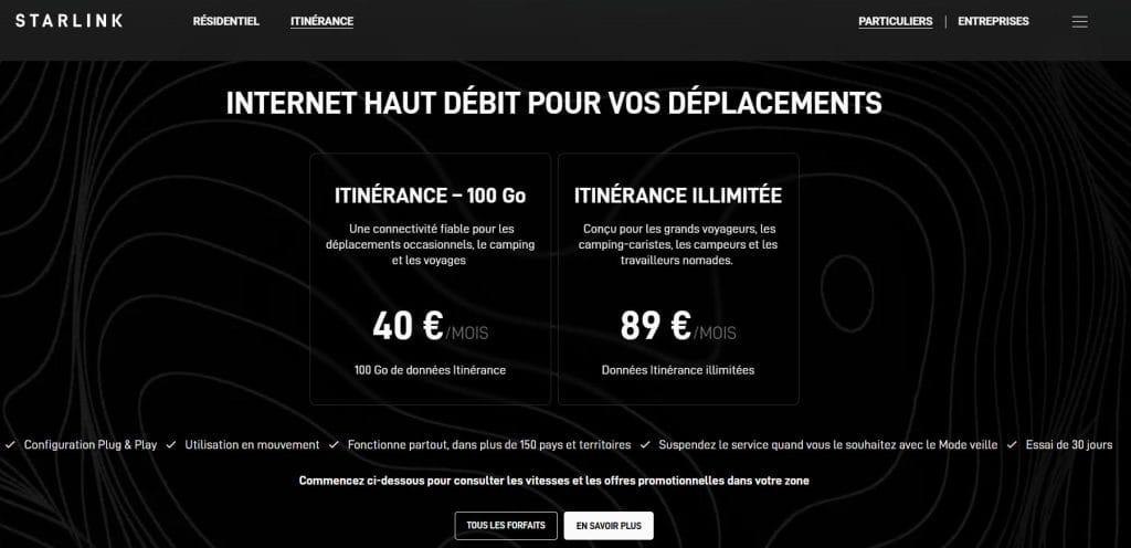 itinérance 100 Go starlink maj
