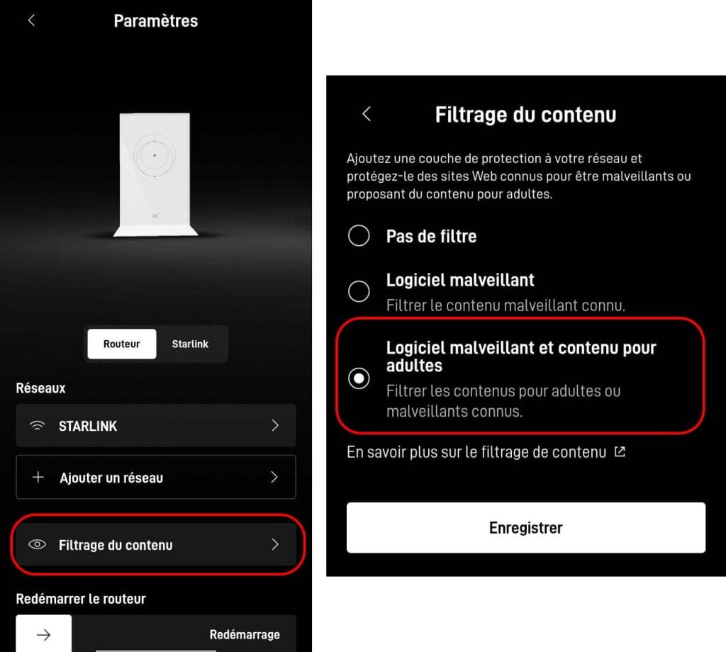 logiciel malveillant et contenu adulte blocage Starlink