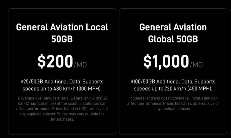 forfait aviation de starlink local et global