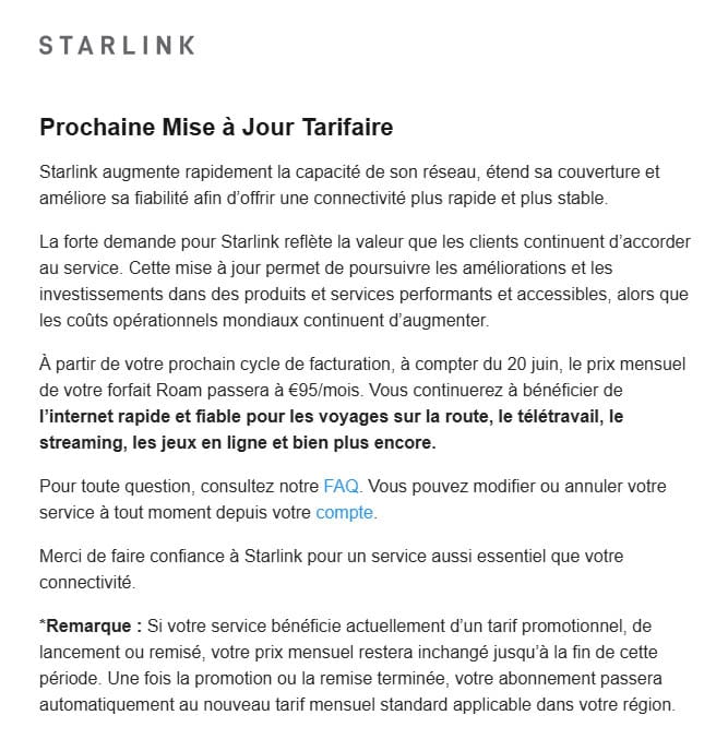 mail de starlink augmentation prix