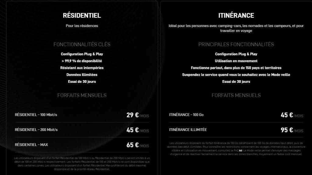 Nouveau tarifs abonnement Starlink